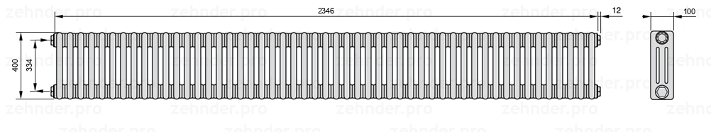 Схема (чертеж) Радиатор Zehnder Charleston 3040/51 №1270 Белый глянцевый RAL 9016